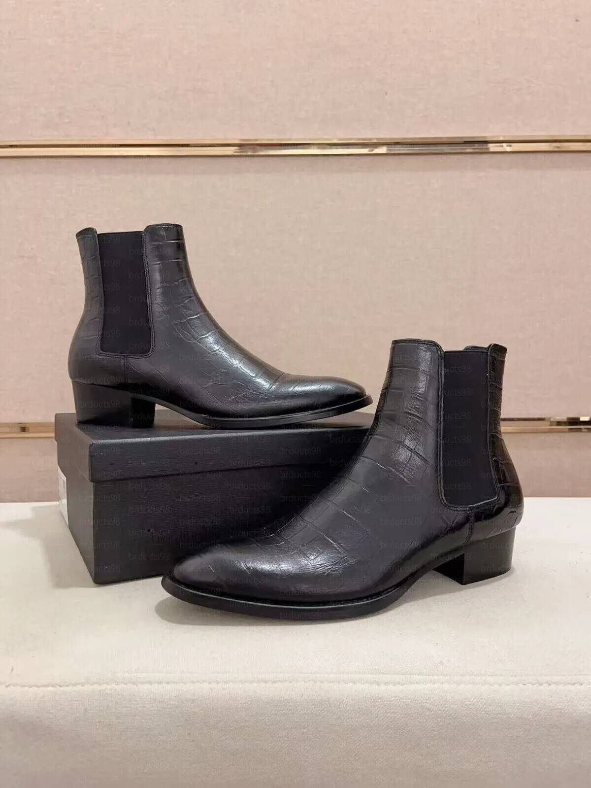 Men Ankle Boots Leather Chelsea Black Luxury Designer Cap Toe Block Heel Fashion Dress Classic Casual Winter Formal Side Elastic Pull On Riding Outd