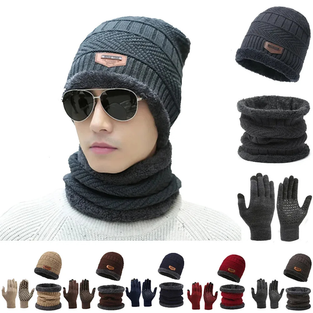 3Pcs Winter Fleece Thicken Windproof Hat Gloves Scarf Set Plush Warm Wool Knit Beanies for Men And Women 260923