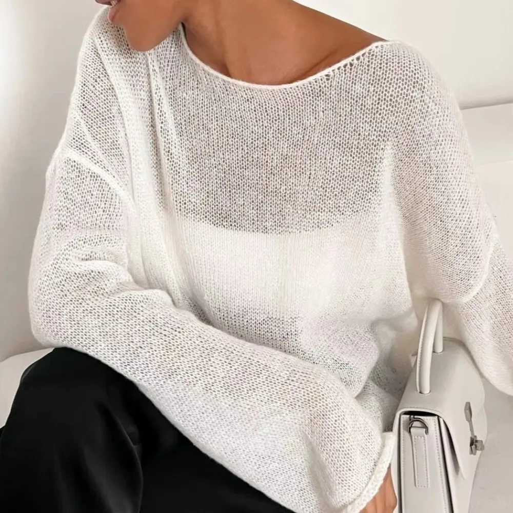 Women's Sweaters Chic Large Round Neck Hollow Knitted Sweater See Through Breathable Pullover Sweater Flared Sleeve Lightweight Thin Knitwear H