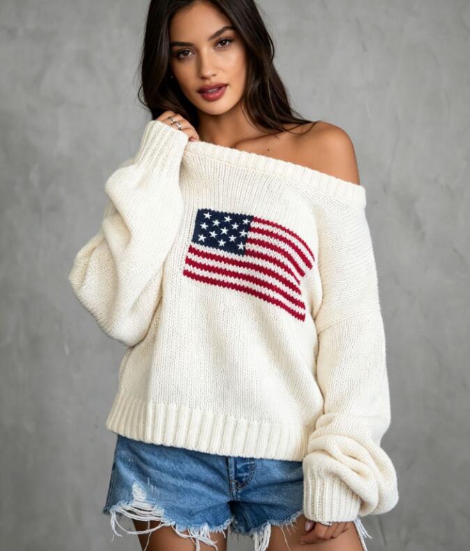 Women Sweaters Luxury Loose American retro fashion flag knitted sweater for women's casual versatile long sleeved Designer sweater