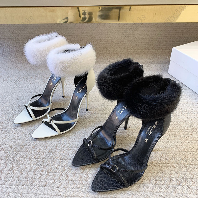 Hochwertige High-Heel-Sandalen für Damen, Pelz-Knöchelriemen, spitzer Zeh, dünner Stiletto-Absatz, pelziger Besatz, Kleid-Pumps, offene Spitze, Part
