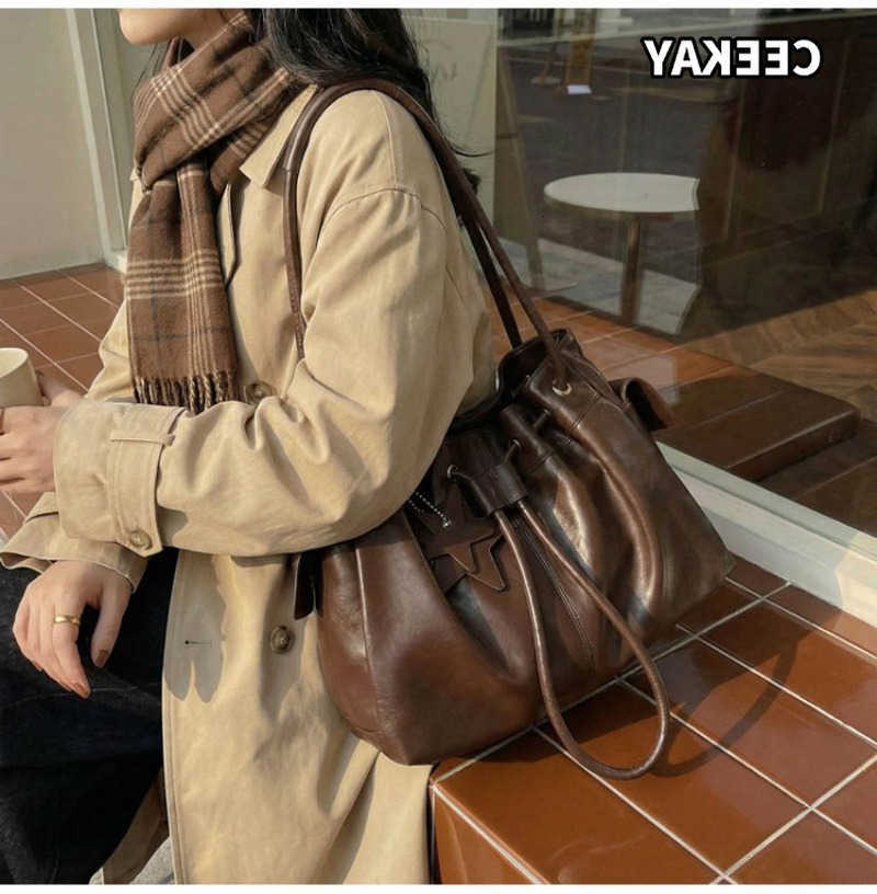 Cross Body CEEKAY Women's Hobo Bag Dark Brown Soft PU Leather Large Shoulder Handbag Star Pendant Drawstring Bow Detail Daily Commute D260923