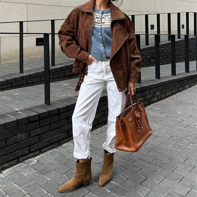 Suede Brown Jacket Women Oversize Cropped Long Sleeve Lapel Coat Padded Shoulder Outerwears Vintage Jackets 260921