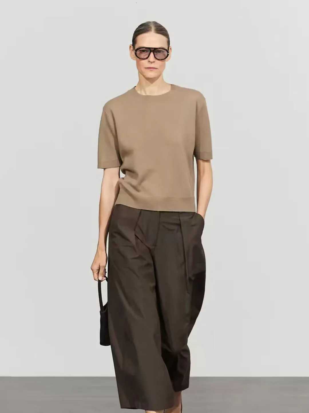 Women's Sweaters Casual Brown Short Sleeve Knitted Shirt round Neck Minimalist Style Women's Fashion Autumn New Arrival Loose Fit Color H2
