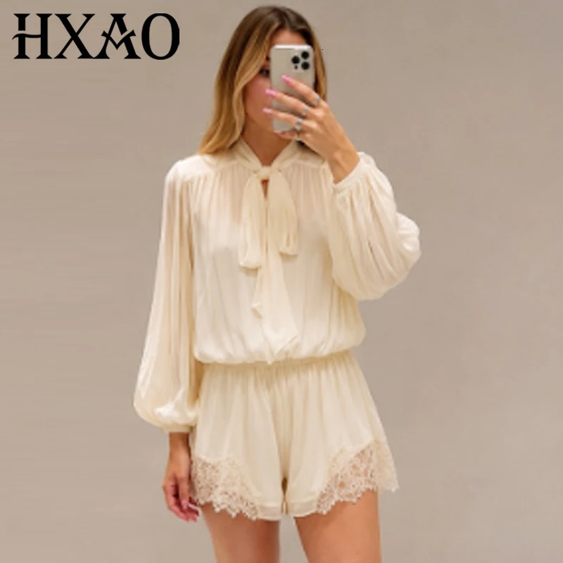 HXAO Lace Short Jumpsuits Women's Summer Jumpsuit Beige Lace-Up Short Sleeve Button Up Shirt Elastic Waist Shorts Jumpsuit Women 260922