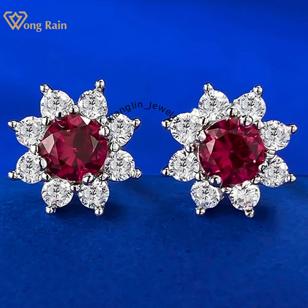 Wong Rain 100% 925 Sterling Silver Round Cut Ruby High Carbon Diamond Gemstone Flower Ear Studs Earrings Jewelry Wholesale