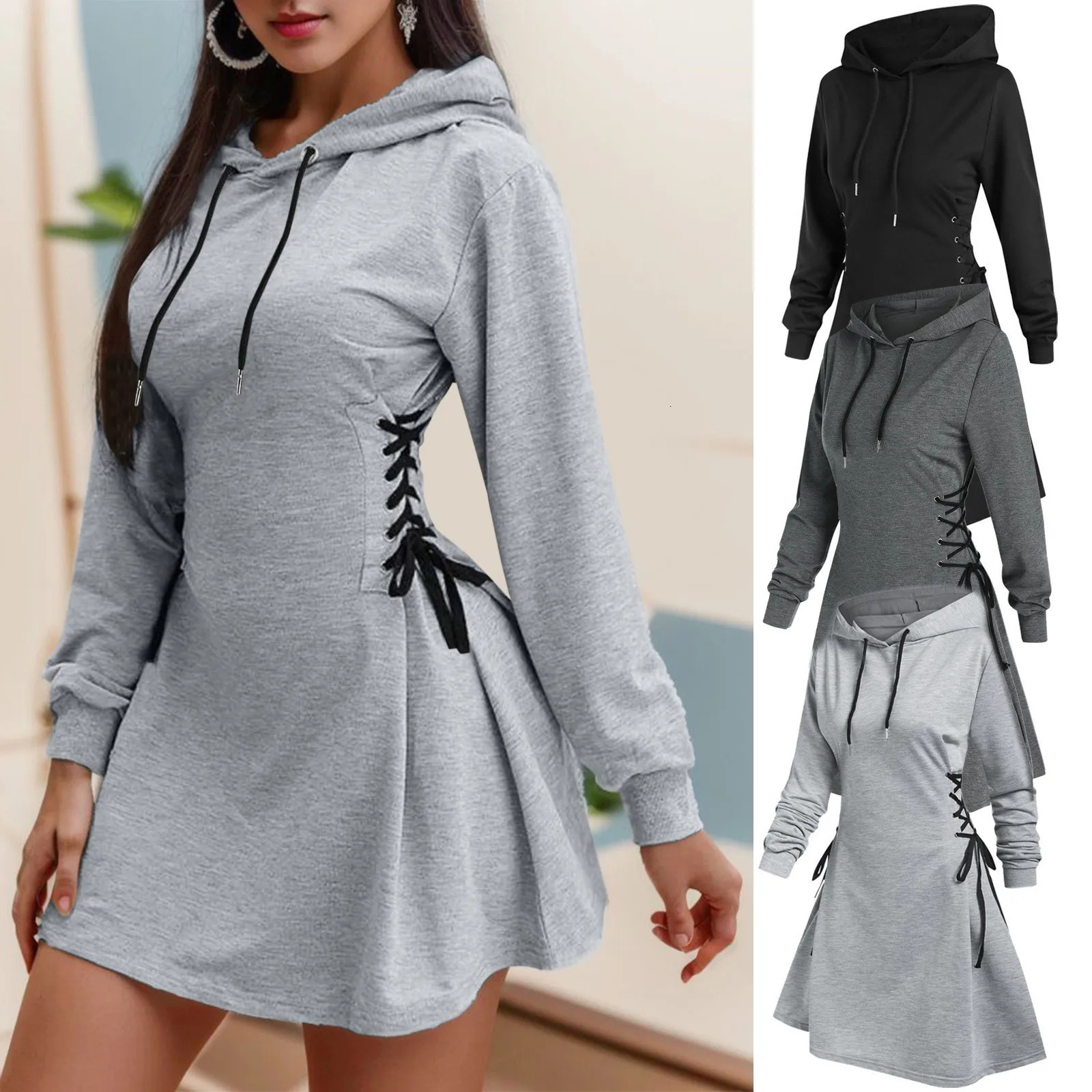 Women Autumn Sweatshirt Dresses Side Lace-Up Waist In Long Sleeve Solid Color Hooded Pullover Tops Casual Long Loose Hoodies 260923