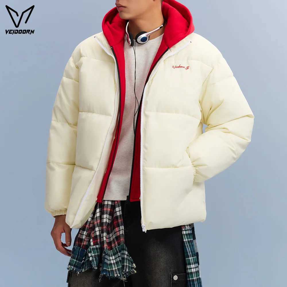 Men's Down Parkas Veidoorn Men's Fake Two Piece Short Puffer Jacket Winter Thickened Thermal Hooded Coat Stand Collar Warm Sports Outdoor