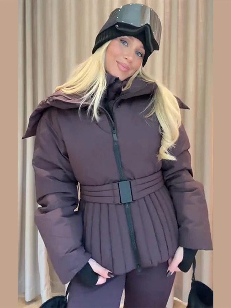 Ski Parkas Coat Jacket Women Zipper Belts Thicken Winter Skiing Cotton Lapel Snow Female Skiwear Outdoor Street Outwear Top260921