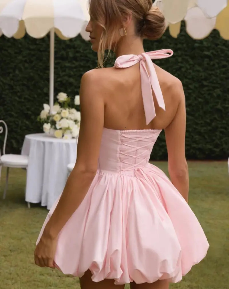 Elegant Halter Corset Short Dress Women's Backless A-line Mini Dresses Evening Party Black Pink Red White Summer Wedding Guest 260922