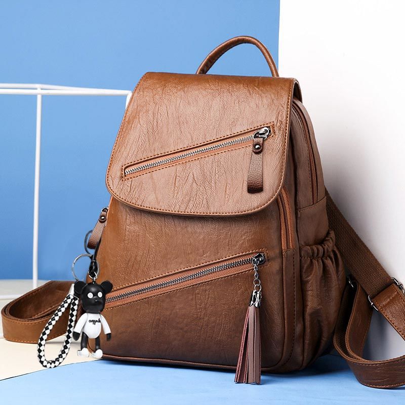 Fashion Women Black Soft Faux Leather Backpack Tassel Decor Zipper Pockets Flip Cover Large Capacity Casual Travel Bag