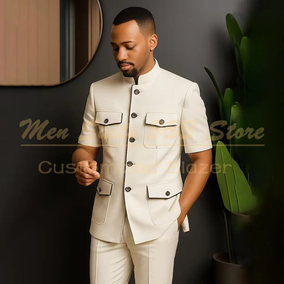 Safari Short Sleeve Men's Suits Simple Back Vent Stand Lapel Blazer With Shoulder Pads Slim Fit 2 Piece Jacket Pants Sets 260920