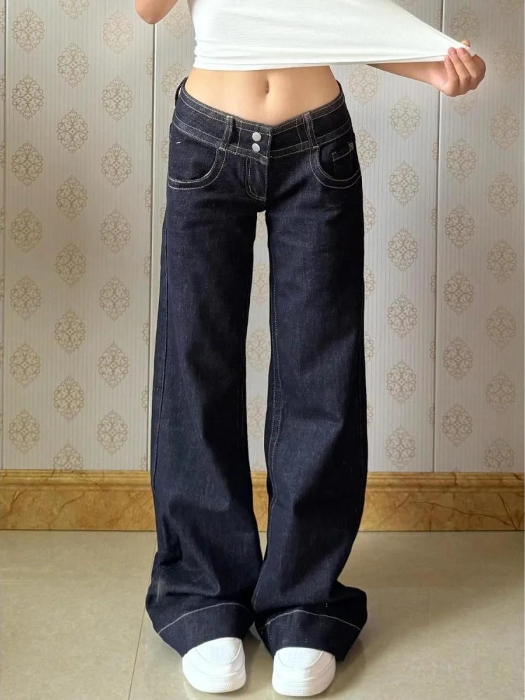 Ropa Y2K Pantaloni jeans da donna larghi a vita bassa blu scuro moda Abbigliamento donna Pantaloni in denim eleganti casual coreani dritti 260922