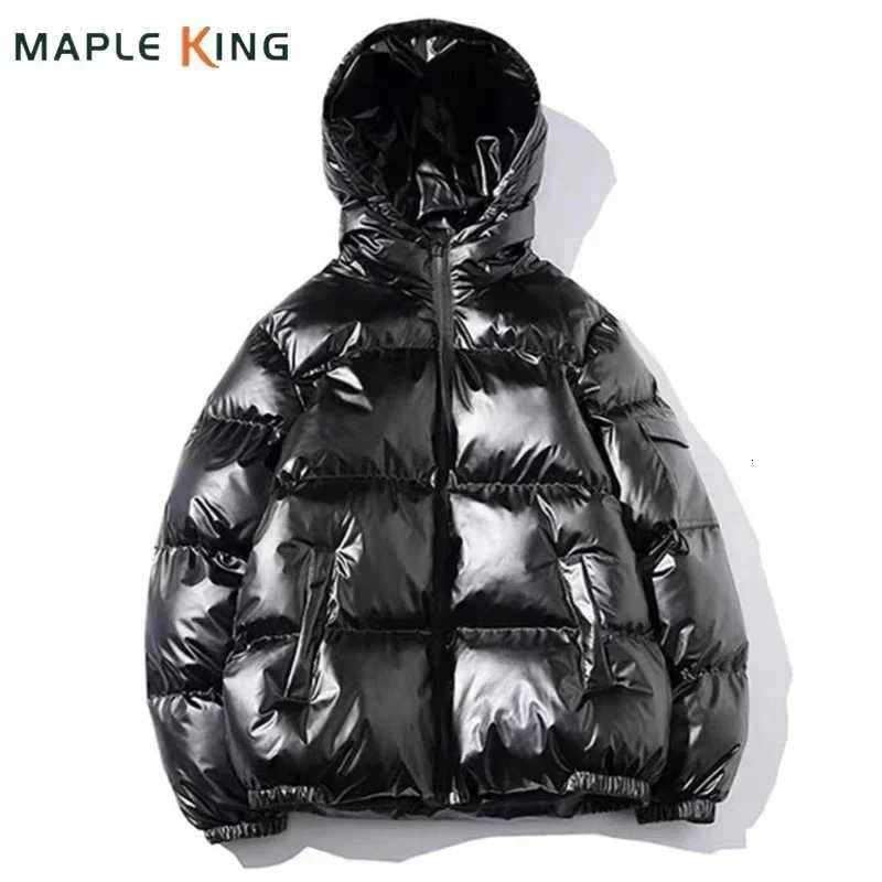 Black Men's Glossy Down Parkas Mens Coats and Jackets Women Harajuku Parkas Cotton Padded Hooded Bright Jaqueta Masculina Unisex Winter Clothes
