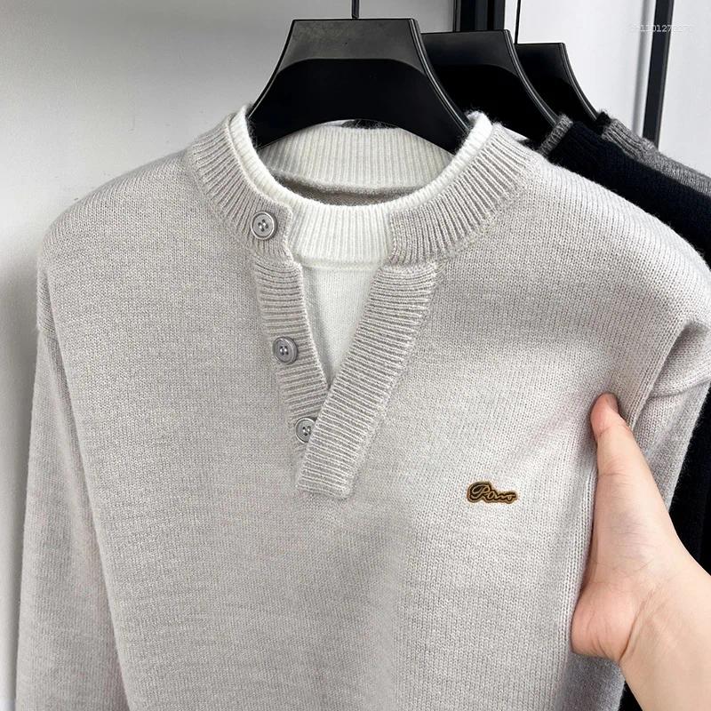 High-End Men Long-Sleeved Sweater Knitwear Round Neck False Two-Piece Button Letter Embroidery Comfortable Casual Men's Clothing