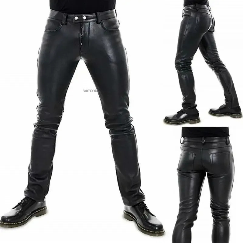Men's Leather Pants Solid Color PU Leather Motorcycle Pants Elastic Leisure Punk Style Slim Fit Full Length Trousers 260918