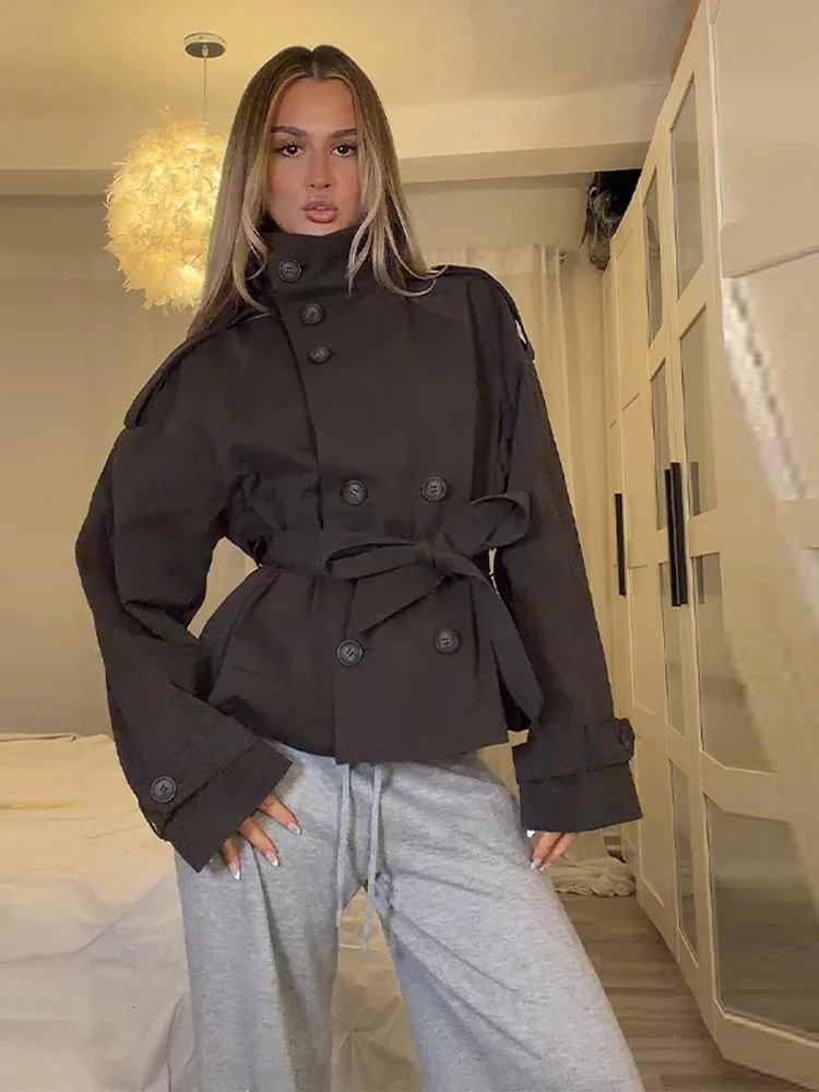Stand Collar Solid Short Women Trench Coat Lace Up Double Breasted Fashion Spring Autumn Elegant Casual Female Jacket 260922