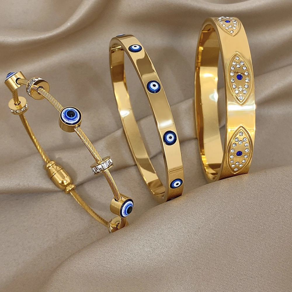 Charm Bracelets Turkish Evil Eyes Rhinestones Stainless Steel Cuff Bracelet Bangle For Women Fashion Gold-plated Waterproof Charms