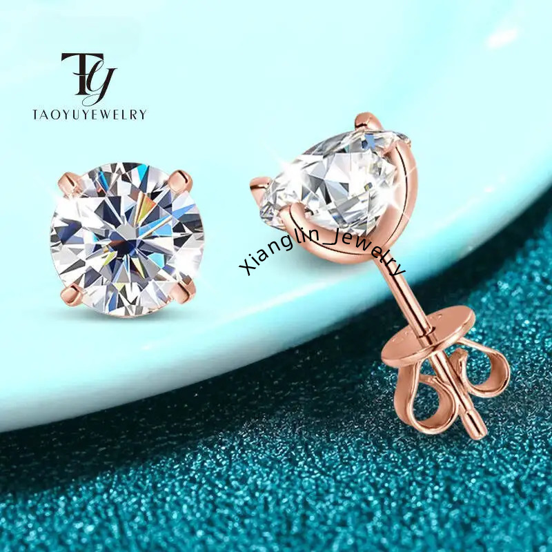 TY 925 Sterling Silver 0.2-3CT Rose Gold Color Moissanite Stud Earrings For Women Sparkling Classic Wedding Lab Dia Earring