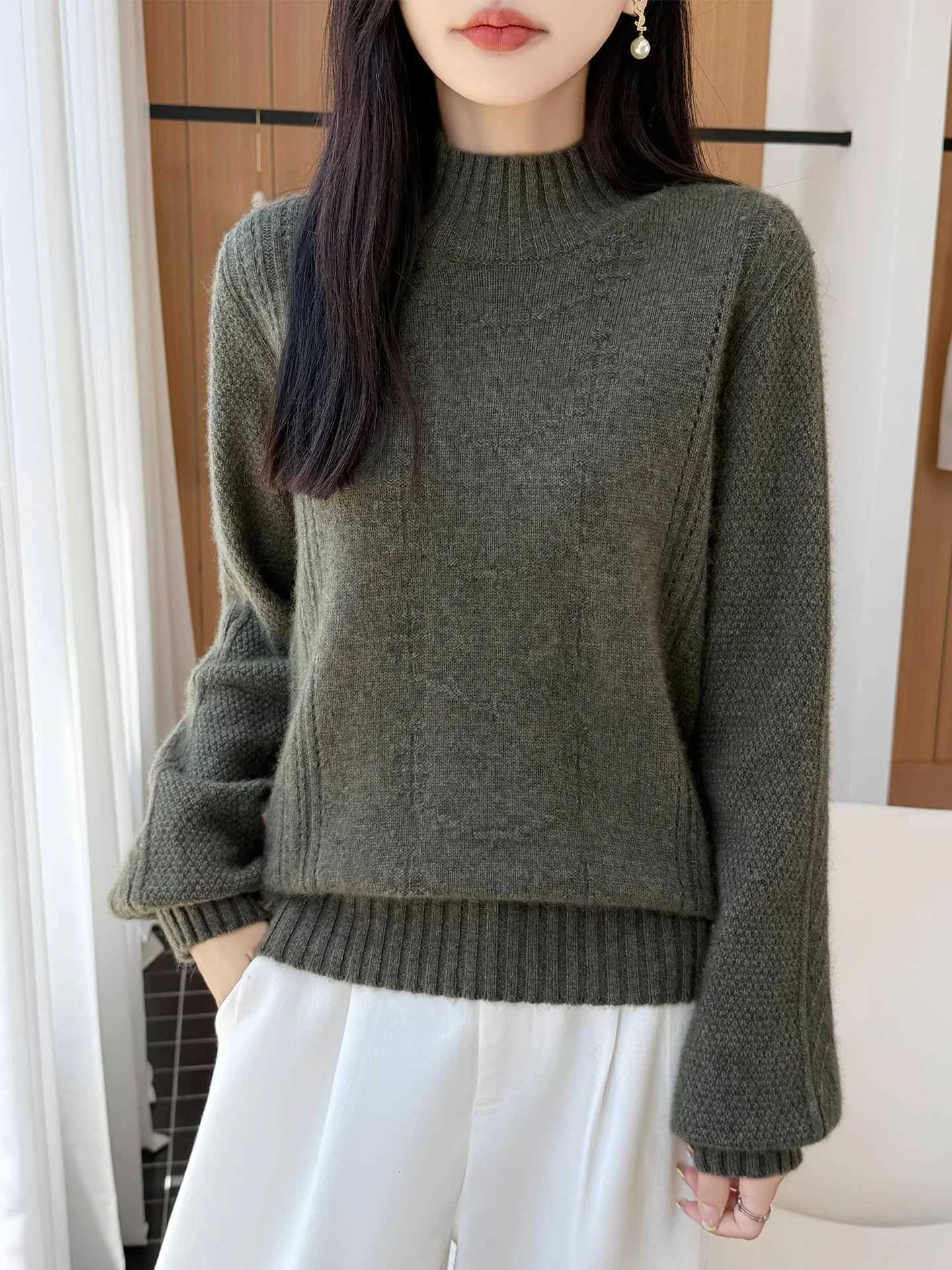 Women's Sweaters 100% Merino Wool Women's Semi High Neck Pullover Autumn Winter Thick Casual Fashion Cashmere Knitted Sweater D260923