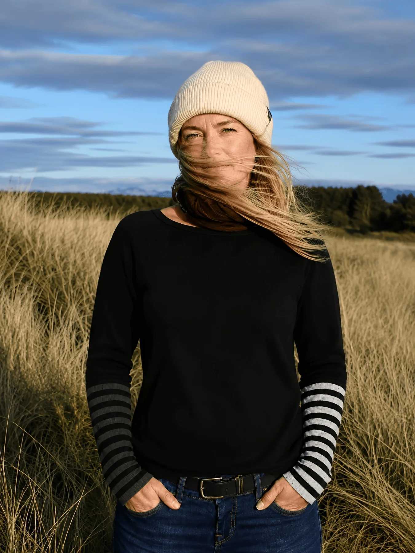 Women's Sweaters Women's Crew Neck Long Sleeve Knitted Pullover Sweater for Fall and Winter Commuter Style with Contrast Textured Striped