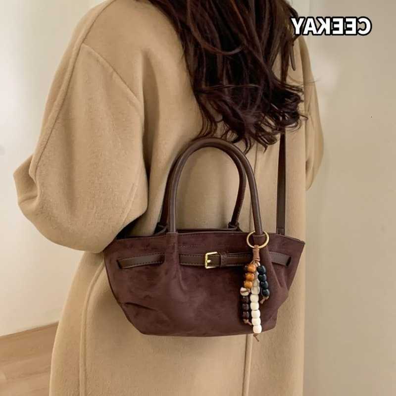 Cross Body CEEKAY Women's Tote Bag Dark Brown Faux Suede Belt Detail Bead Pendant Charm Versatile Everyday Commute Casual Style D260923