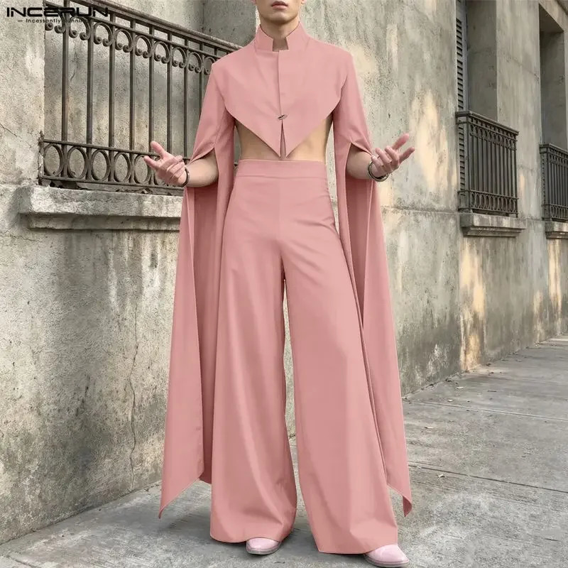 INCERUN Men's Sets Solid Color Stand Collar Long Sleeve Crop Blazer Pants Two Piece Personality Casual Men Matching 260911