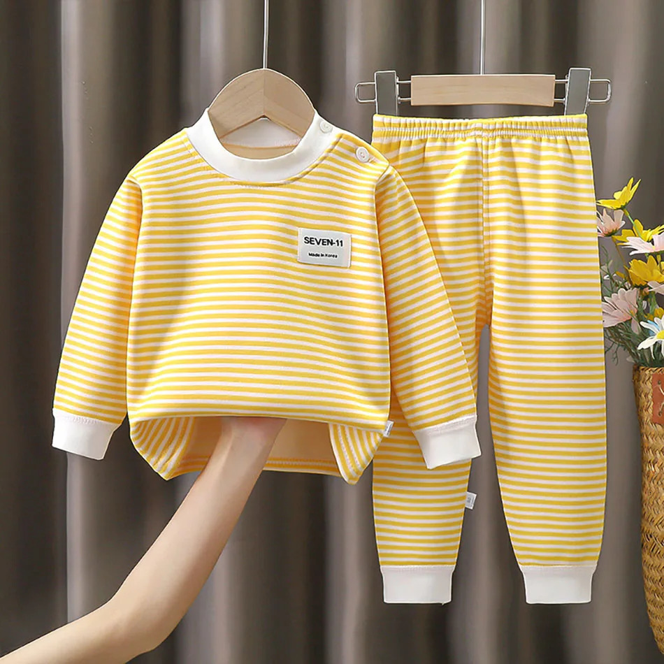 Baby Warm Clothing Set Fleece Lined Children Boys Girls Striped Underwear Sleepwear Set Ideal for Home Pajamas Autumn Winter 260922