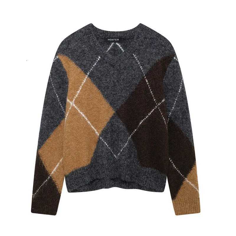 Women's Sweaters New Women's Spring and Autumn Pullover Splicing Knit Sweater retro V-neck Long sleeve Women's Fashion Trend Lady Top
