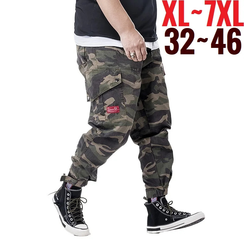 Big Size Men's Cargo Pant Elastic Waist Cotton Jogger Trouser Male Camouflage Loose Spring Pocket Extra Large Plus Baggy Hip Hop 260920