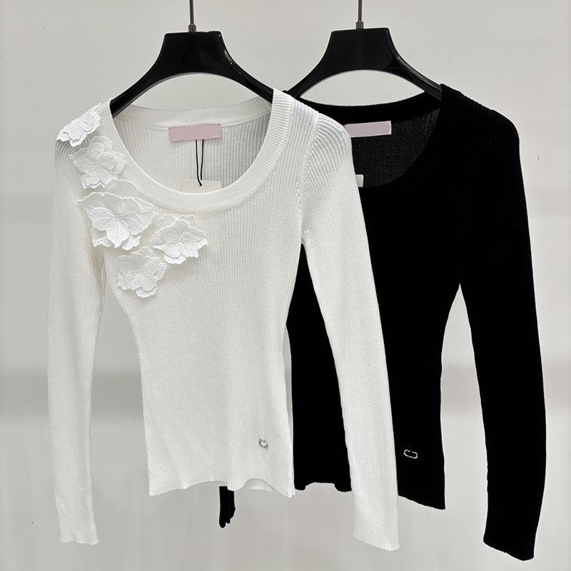 Chic Floral Women Knit Tops Slim Fit U Neck Long Sleeve Tees Spring Elegant Korean Style Pullovers for Women