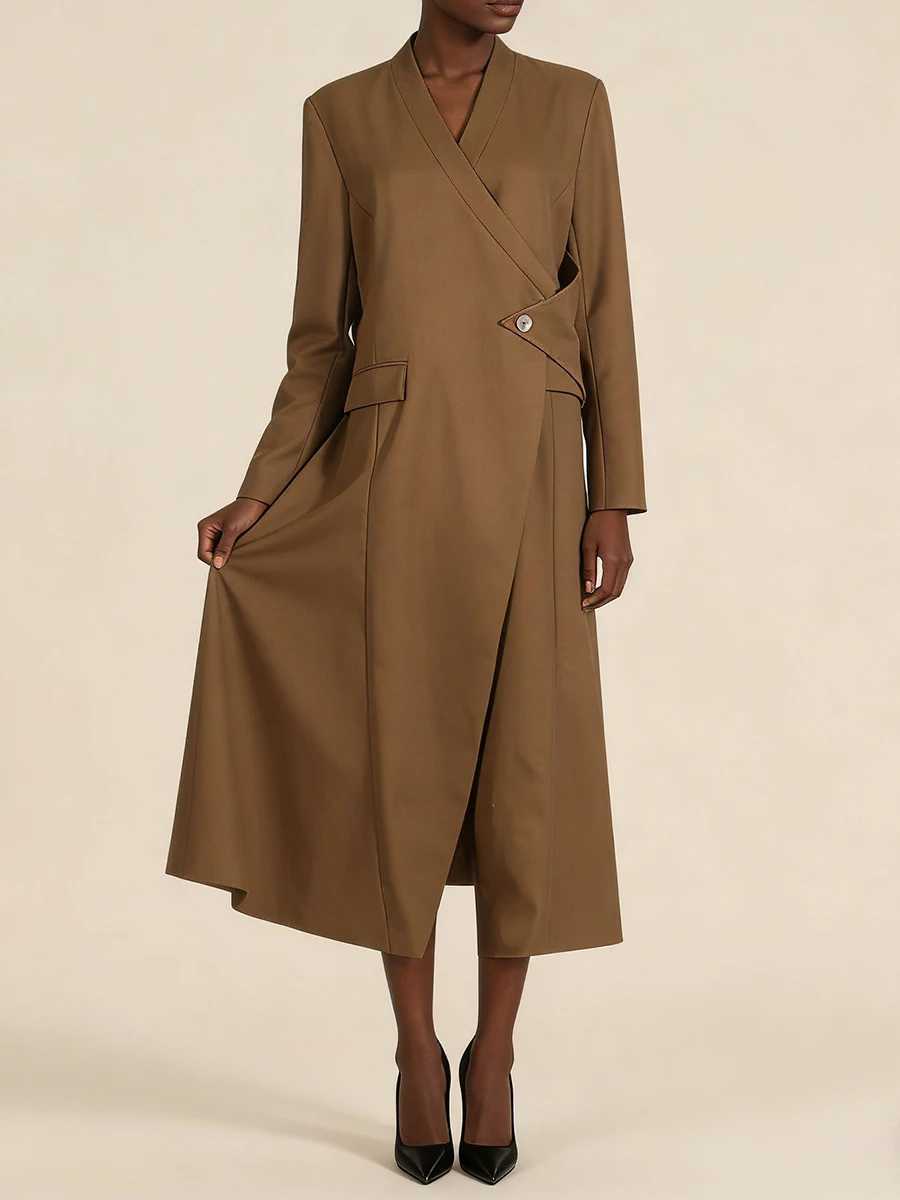 Temperament Solid Slimming VGH Trench Coat For Women V Neck Long Slve Spliced Button Autumn Warm Chic Jacket Female Fashion M260922