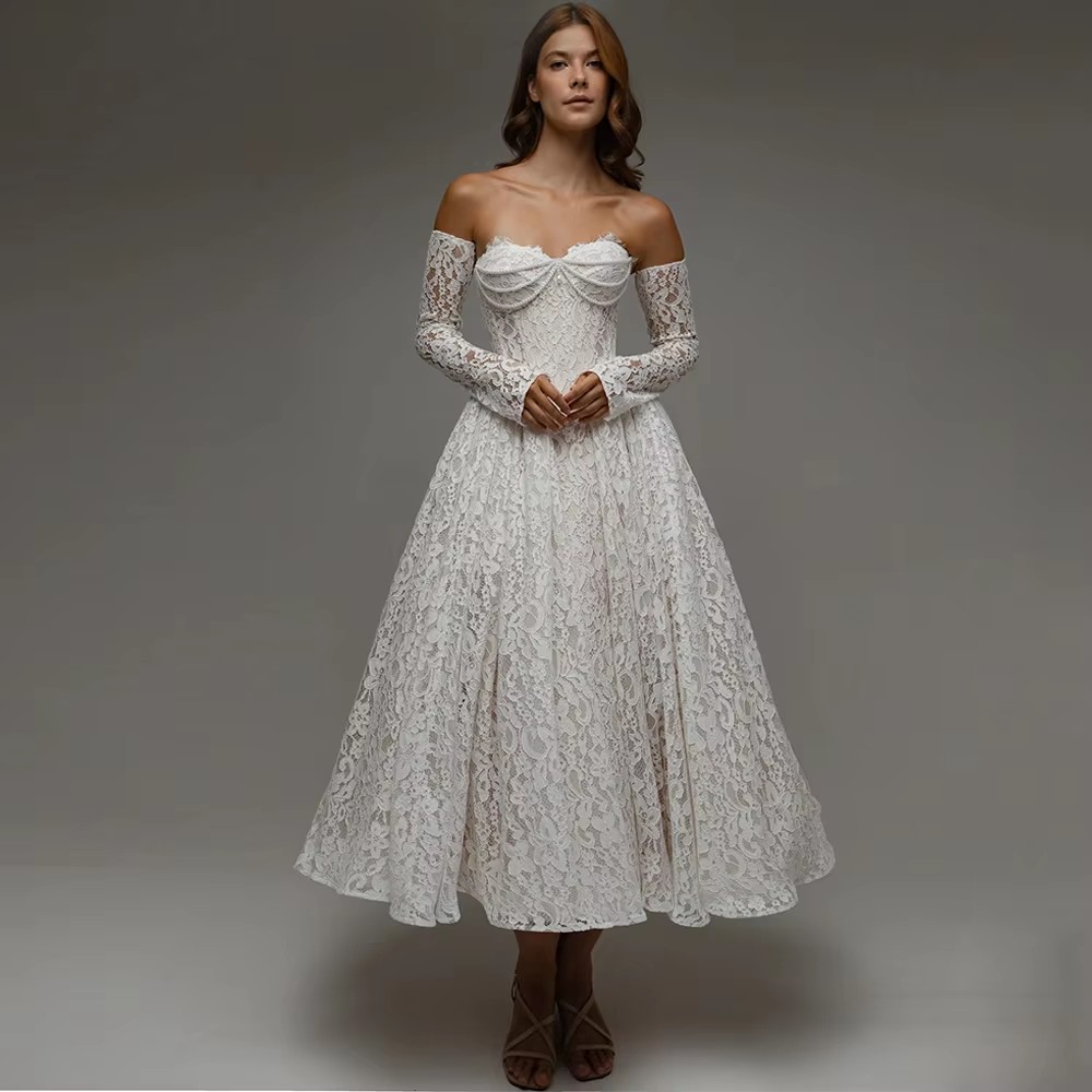 Elegant Wedding Dress for Woman Sweetheart Detachable Long Sleeves Lace Pearls Corset Boho Bridal Party Gown Summer Beach Vestido De Noiva