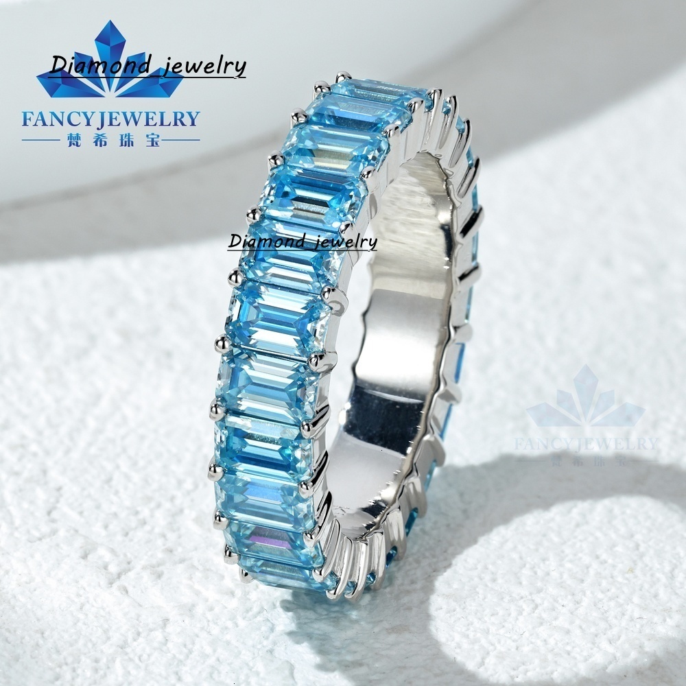 Custom Emerald Cut Blue Moissanite Eternity Band D-VVS1 925 Silver Rhodium Plated Wedding Engagement Ring