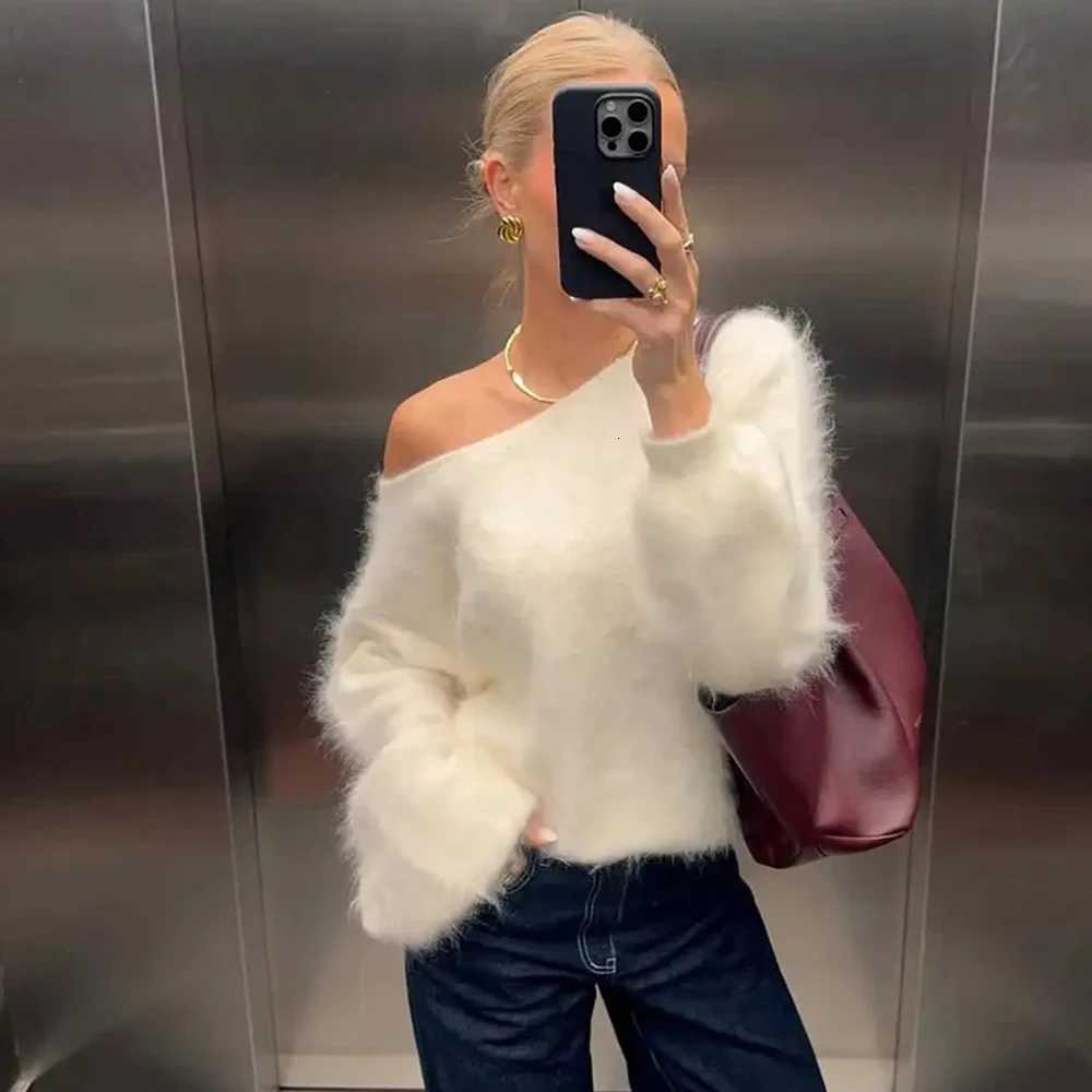 Women's Sweaters Talenza Women's Plush Pullover Fashion Solid Loose High Street Sweaters Vintage Chic Strapless Autumn Casual Female Pullo