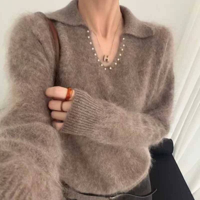 Women's Sweaters Neck Pearl V-Neck Soft Brushed Sweater Women's100%Merino Wool Loose Long-sleeved Pullover Autumn and Winter Women's