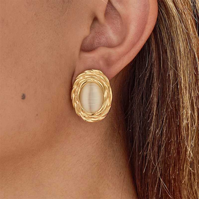 Ars Stainless Steel Oval Stud Earring for Women 18k Gold Plated Earrings Vintage Opal Earring No Tarnish Everyday Earrings M260923