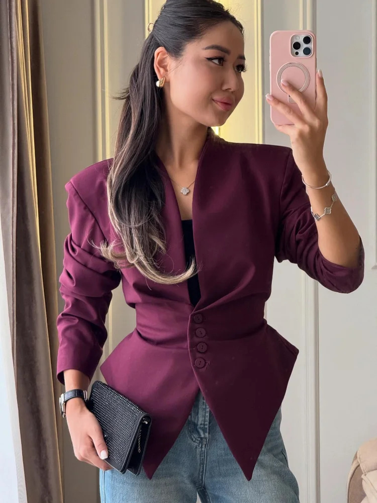 Solid Pleated Women's Jacket Chic V-neck Waist Cinched Single Breasted Tie Up Full Sleeve Coats Lady 2026 Autumn Woman Outerwear 260922