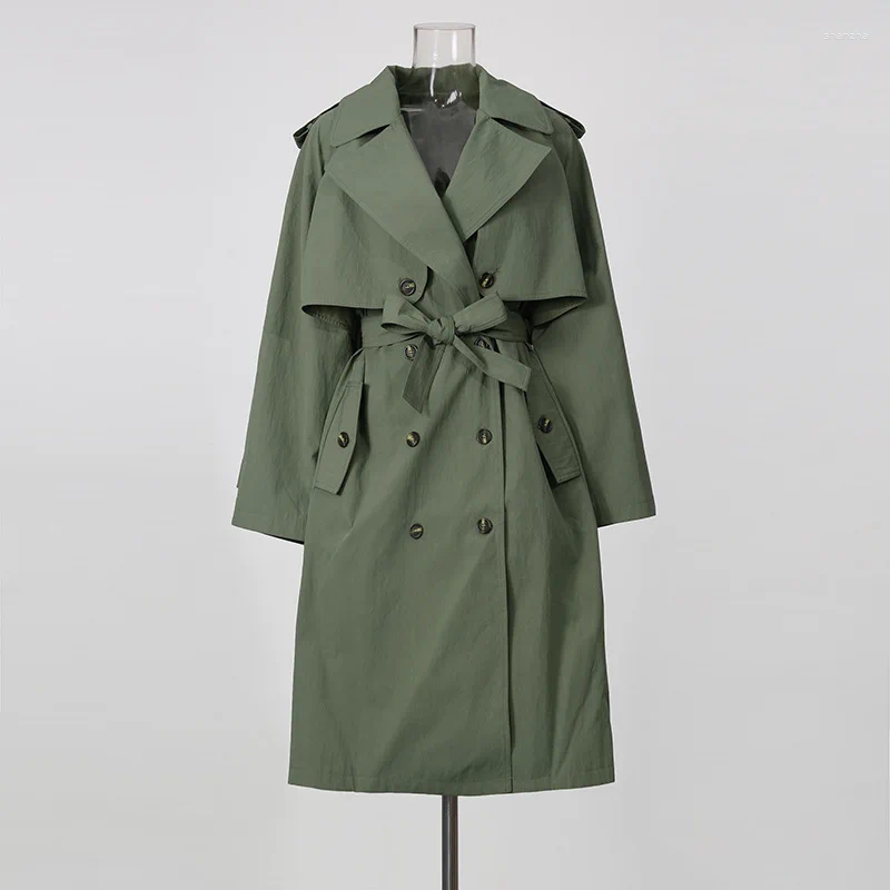 Women Elegant British Style Trench Coat 2026 Autumn Unique Design Double Breasted Tie Waist Lapel Outerwea