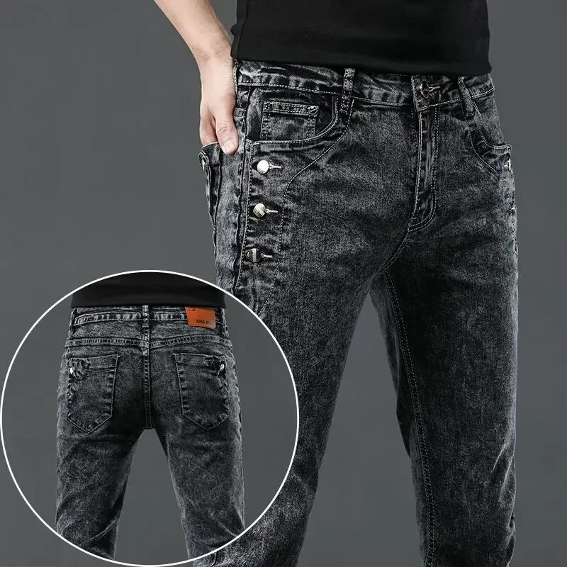 Jeans vintage da uomo ner moda coreana lavaggio fiocco di neve pantaloni a matita dritti elasticizzati pantaloni classici in denim maschile slim 260