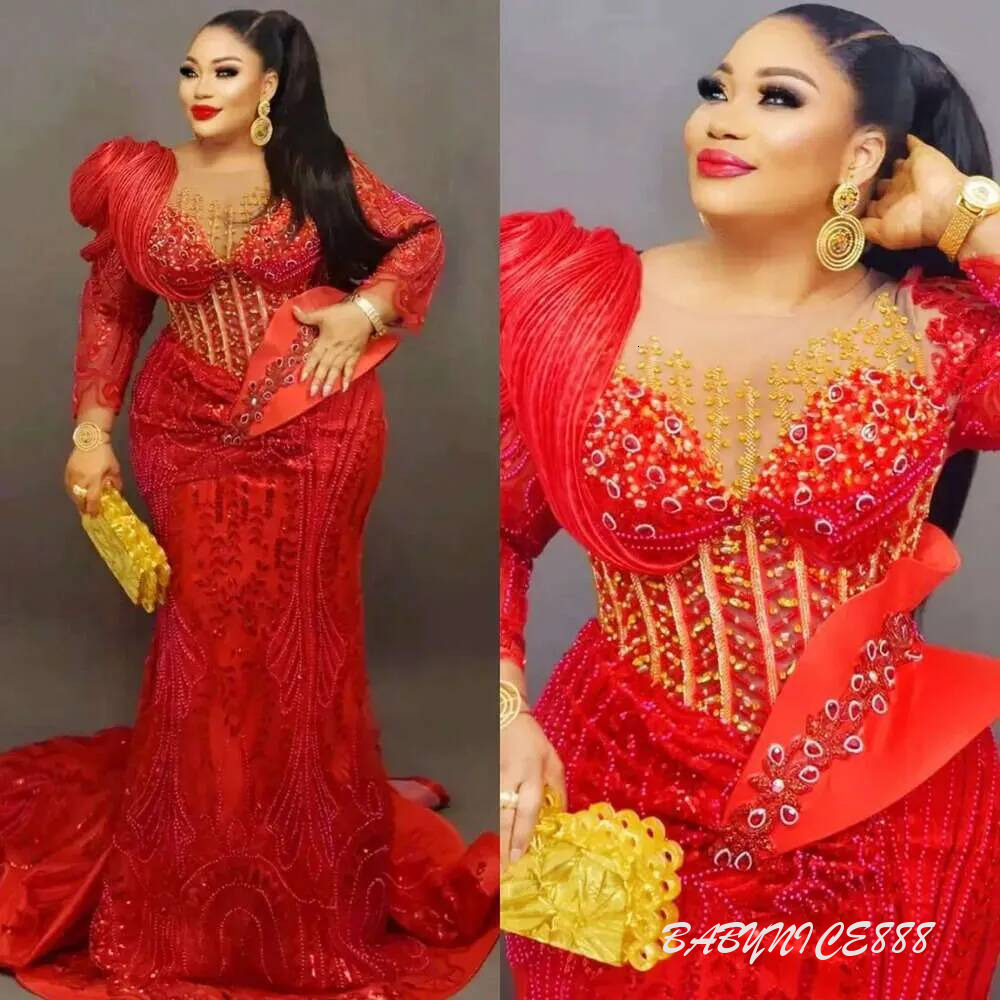 Sparkly Red Mermaid ASO EBI Plus Size Prom Dress Crystals Beadings African Women Birthday Evening Party Gowns Lux Robes De Soiree Customized