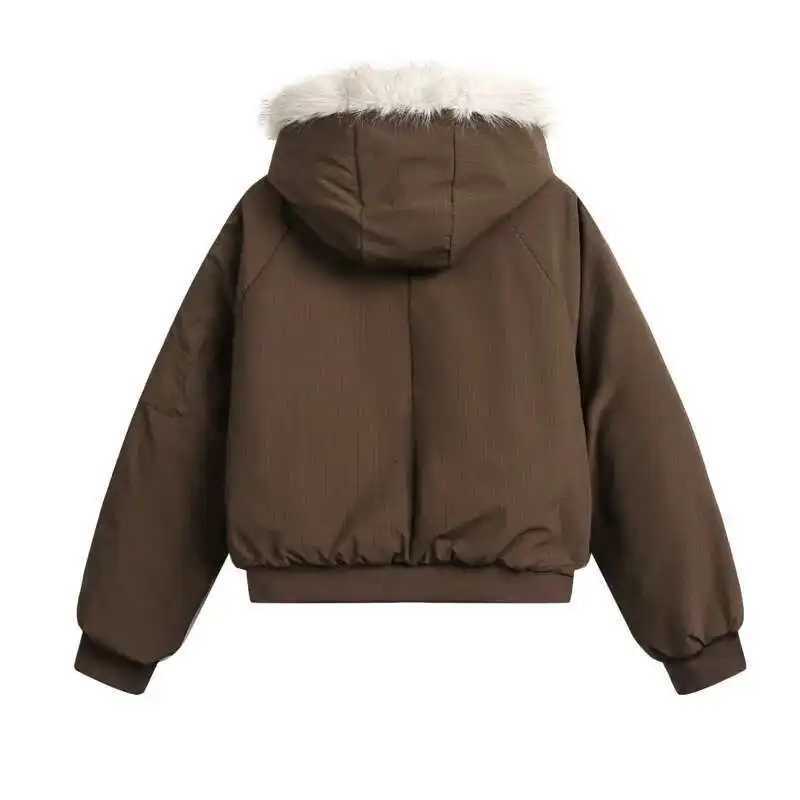 Unisex Men's Down Parkas PFNW Winter Warm Fur Collar Hooded Quilted Padded Jacket 2024 Trend New Brown Loose Causal Short Style Cotton-padded C