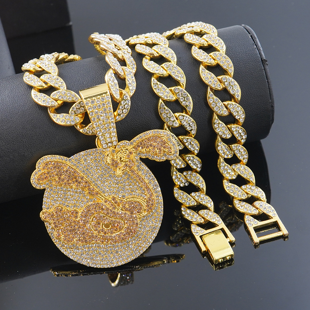 Hip-Hop Full Diamond Flamingo Cartoon Anime Pendant Personality Men's European And American Trend Necklace Accessories