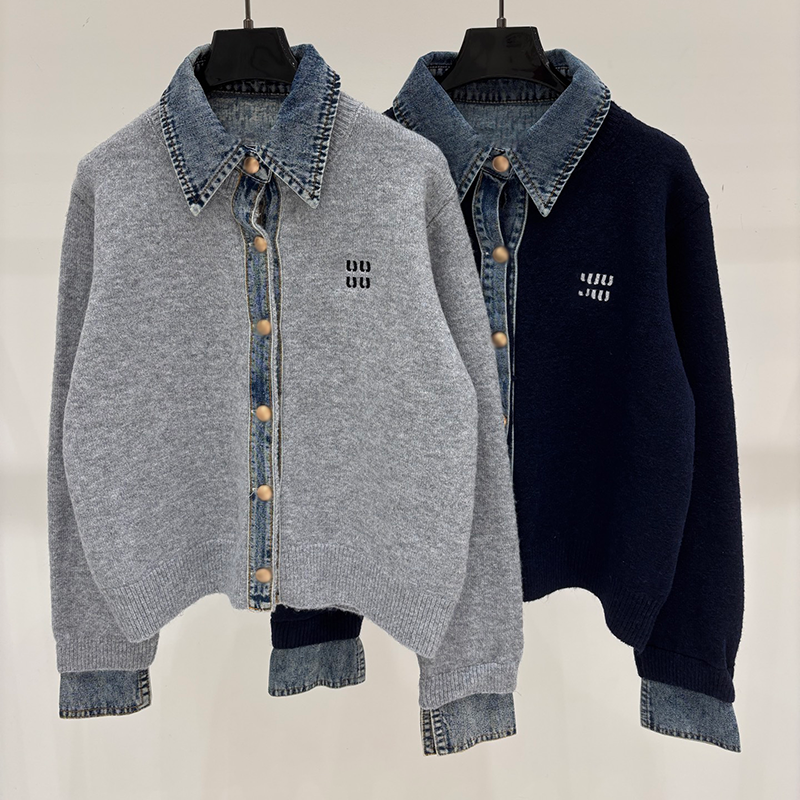 Women Faux Two Piece Knitted Cardigan Denim Collar Cuff Patchwork Preppy Style Sweater Coat Retro Long Sleeve Casual Sweater Jacket For Autumn Winte