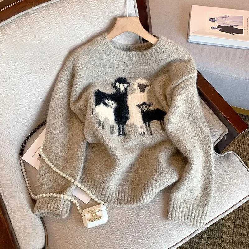 Women's Sweaters retro Embroidered Sheep Women's Knitwear Soft Cozy Autumn Winter New Style Overhead Sweater Korean Style Straight Cut Woo