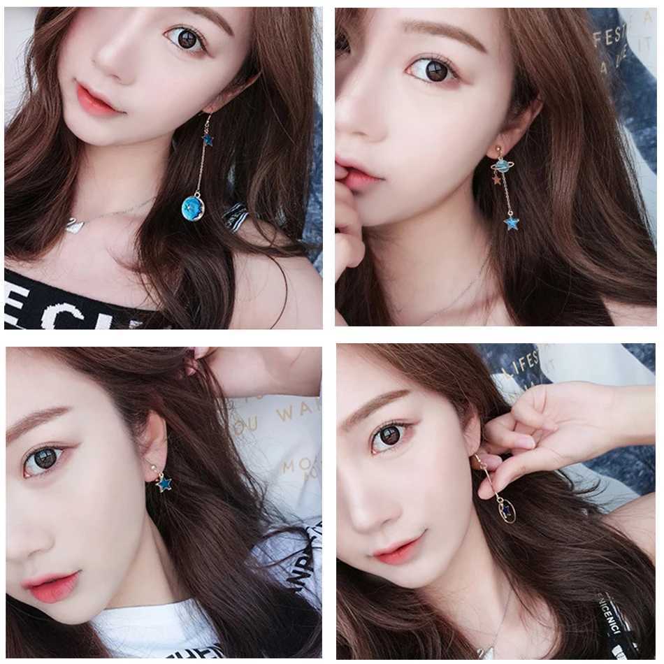Korea Style Asymmetrical Fresh Enamel Blue Star Moon Circle Clip on Earrings Non Pierced For Girl Women Party Gift M260923
