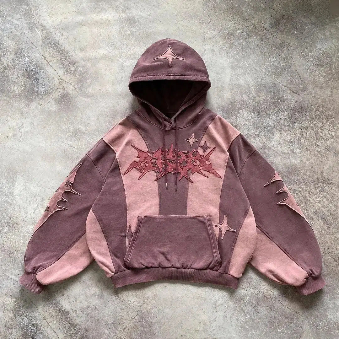 Fashion Color Matching Creative Pattern Patchwork American Harajuku Pullover 2000s Street Rock Vitality Long Sleeve Loose Hoodie 26L0923
