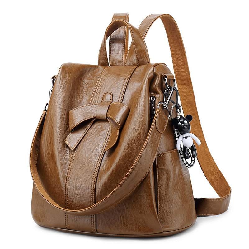 trendy Women Soft Faux Leather Backpack Bow Decor Convertible Shoulder Bag Large Capacity Casual Travel Daypack