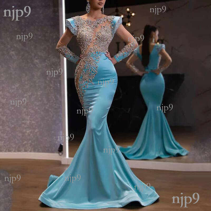 2025 New Daily Light Blue Mermaid Long Banquet Sand Gold Series Slimming Elegant Annual Meeting Evening Dress for Women