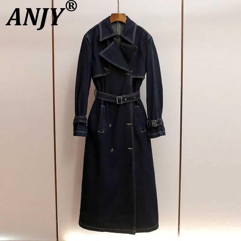 ANJY Autumn Winter New Women British Style Elegant Long Denim Trench Coat Fashion Double-Breasted Waist-Cinching A17349 M260922